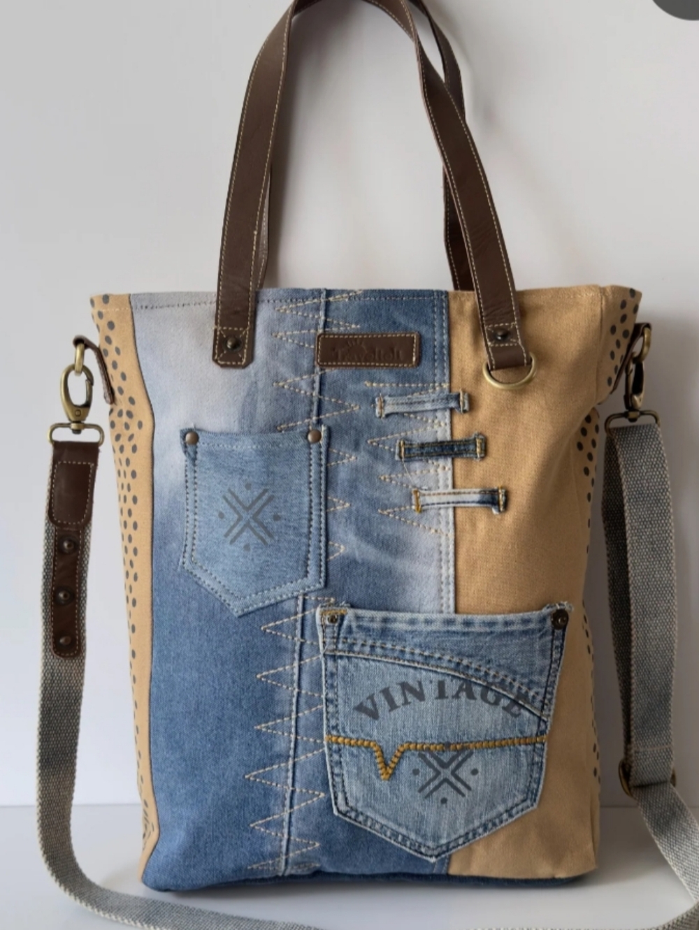 Brand New Upcycled Denim Patchwork Tote Bag Casual Women's Denim & Tan Leather !